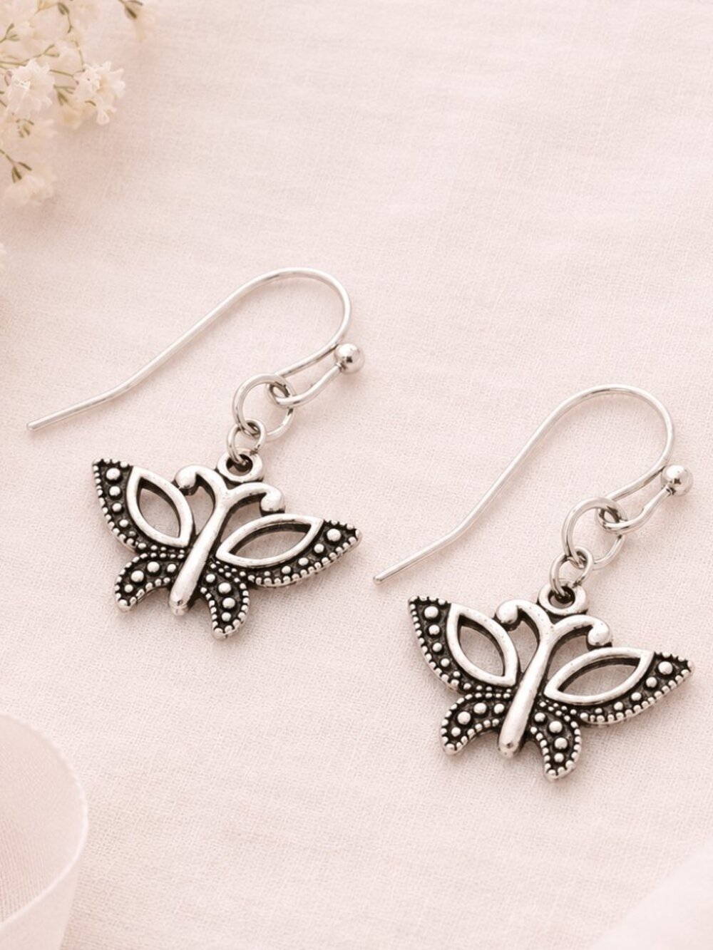 Antiqued Silver Cutout Butterfly Dangle Earrings Delicate
